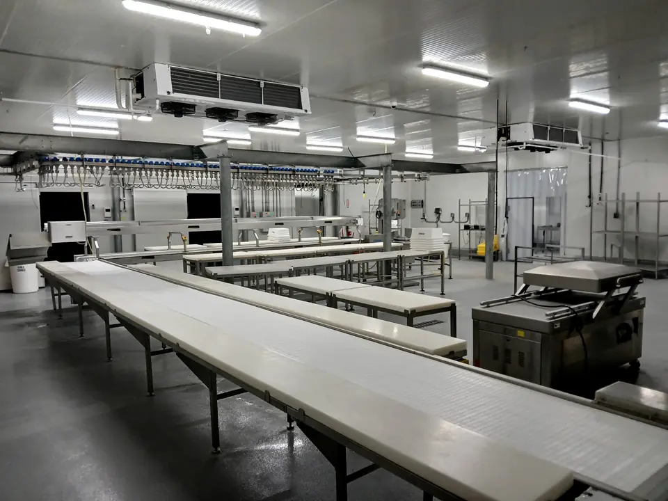 Long stainless cutting tables in the Creek Ranch processing room